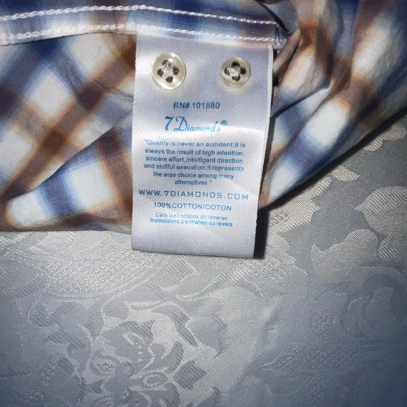 7 Diamonds Mens Shirt Blue Brown White Check Plaid 100% Cotton Size XL - Picture 13 of 14